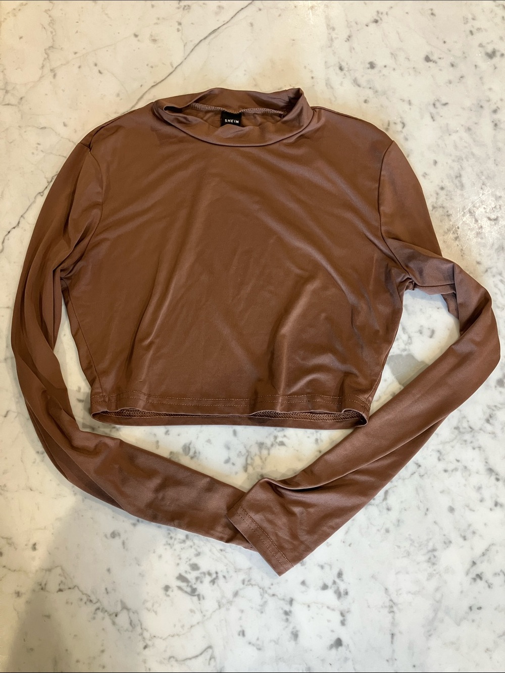 SHEIN Chocolate Brown Cropped Long-Sleeve Mock Neck Top
